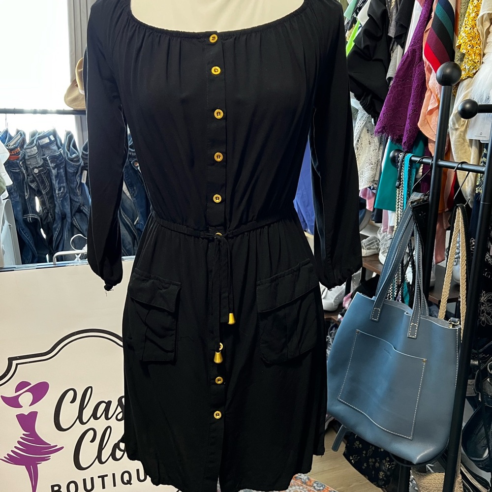 Justify Black Midi Dress with Yellow Buttons